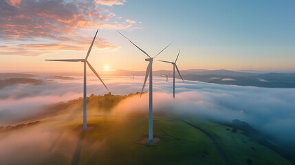 Aerial view of three wind turbines in the early morning fog at sunrise
