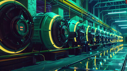 a series of dry vacuum pumps lined up in aclean energy facility, futuristic design elements, neon green and black - obrazy, fototapety, plakaty