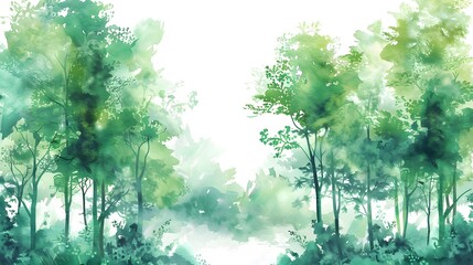 Watercolor stylized illustration of green forest and trees, white background, wallpaper style
 - obrazy, fototapety, plakaty