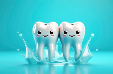 2 cartoon healthy white teeth in water splash. Concept of dental health and hygiene. Minimalistic design for advertising a dental clinic, orthodontist's business cards.