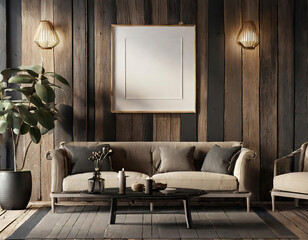 Interior of living room with wooden wall, sofa, lamps, potted plant, Parquet Floor. Rustic modernity mocap poster