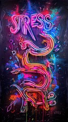 The urban art piece captures the essence of stress through psychedelic mural graffiti work, with bright, glowing typography that conveys the emotional depth and abstract energy of the concept..
