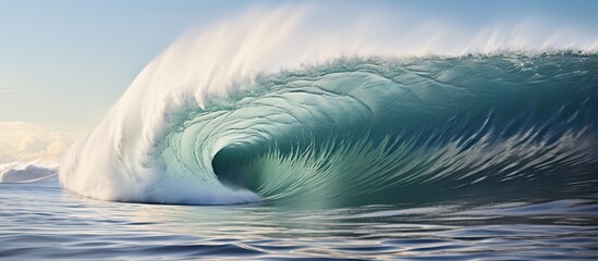 A large wave is surging in the middle of the ocean, showcasing its powerful force and height. The wave is ideal for surfers seeking a thrilling ride on its crest.