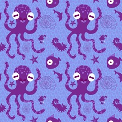 Fototapeta na wymiar Summer print ocean animals seamless cartoon octopus pattern for wrapping paper and fabrics and linens