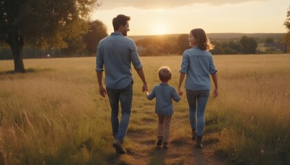 Fathers day. Back view of a little child boy sitting on his father's shoulders holding hands and looking into the distance enjoying sunset. Father walking with son outdoors.