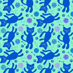 Cartoon animals accessories seamless cats and ball of threads and fish bones pattern for wrapping paper and fabrics