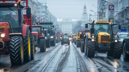 group of tractors running on public roads in the city with rain or snow on a cold day on a dull day in high resolution