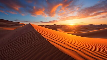 Sunset over sand dunes in the Sahara desert, Morocco. - obrazy, fototapety, plakaty