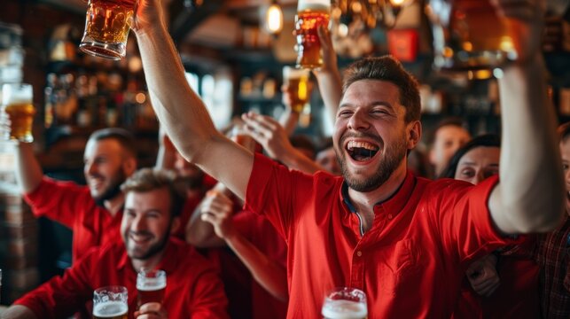 group of men in red shirts in a bar