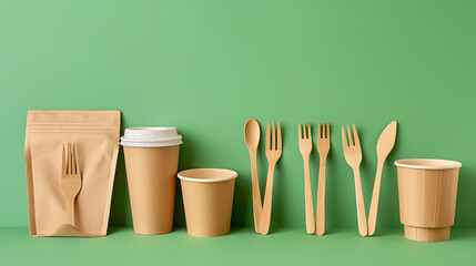 Paper utensils on green background. Paper cups and containers, wooden cutlery. Street food paper...