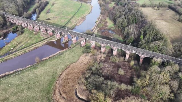 Shot of the Dutton Viaduct railway bridge, constructed in red sandstone