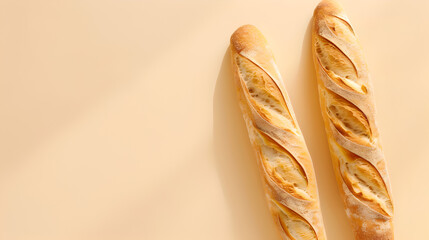 two whole long fresh baked baguettes on side of pastel colored cream background