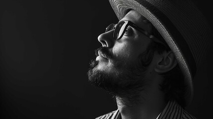 A black and white profile portrait of a man with a beard and mustache wearing round glasses and a striped fedora hat. He is looking slightly upwards with a thoughtful or introspective expression. The 