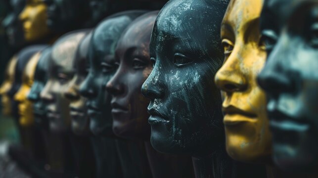 The image shows a series of glossy, stylized human face masks aligned in a row. Each mask has unique detailing and is half black and half gold in color. The masks on the left side fade into the backgr