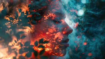 The image features a close-up of a person's face, partly obscured by shadows and the silhouette of foliage that overlays the portrait in a double-exposure effect. The individual has a contemplative or