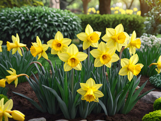 Naklejka na ściany i meble Garden Delight: Yellow Daffodils Amidst Lush Greenery. generative AI