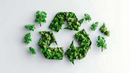 Recycle sign made of green trees on white background