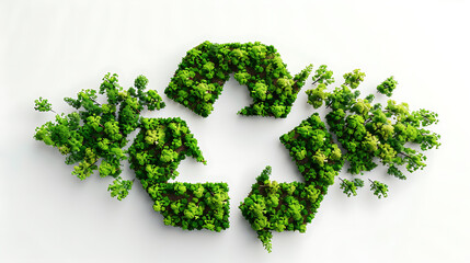 Recycle sign made of green trees on white background