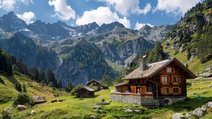 A picturesque Swiss mountain hut surrounded by lush greenery and majestic peaks, offering a tranquil escape in the heart of nature.