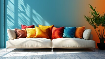 Close up sofa in living roomand colorful pillows