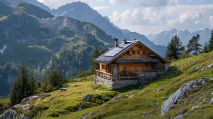 Fototapeta na wymiar A serene Swiss mountain hut sits nestled amidst lush greenery and imposing peaks, offering a peaceful escape in the heart of the Alps.