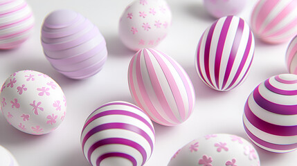 Fototapeta na wymiar Close-up Easter background with Easter eggs with stripes of pink and magenta colors on a white background with copy spaces.