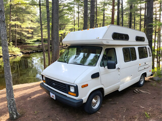 Lakeside Escape: Tranquil Retreat with Camper Van. generative AI