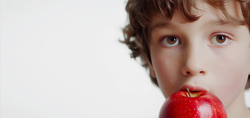 A child eats a fresh delicious red apple.