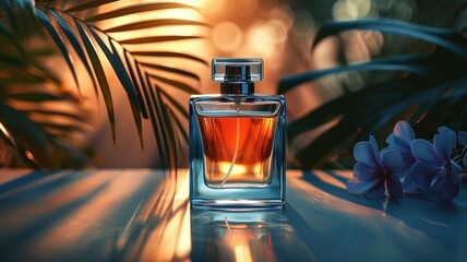 Perfume bottle with tropical leaves and flowers. 3d rendering - obrazy, fototapety, plakaty