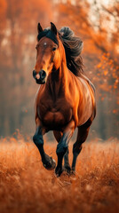 A beautiful bay stallion gallops across a field against a forest background, developing his mane, vertical image