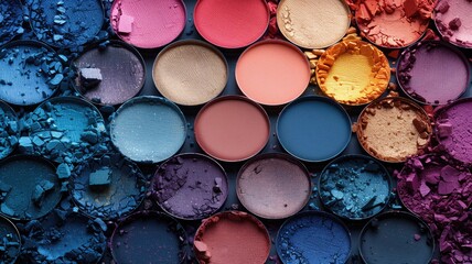 Obraz na płótnie Canvas Colorful eyeshadow palette on dark textured background, top view