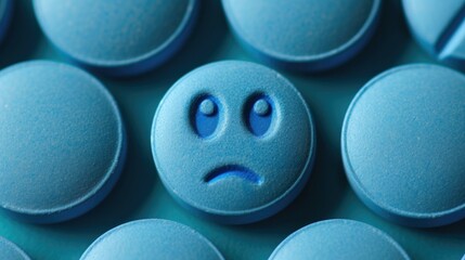 A blue pill with a sad face on it. Generative AI.