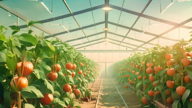 Big greenhouse with rows of tomatoes Vector