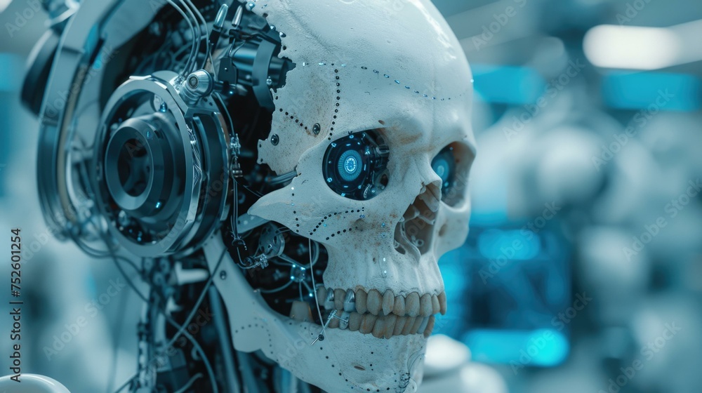 Poster a robot skull with headphones on it. generative ai.