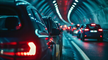 Commuter's perspective of a traffic jam inside a modern illuminated tunnel, capturing the red glow of brake lights and the stationary flow of vehicles.