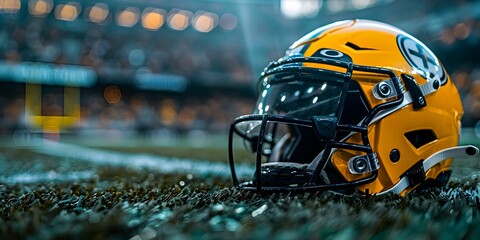 Close up of red american football helmet on american football arena or stadium field background. Sports safety equipment banner with copy space. - Powered by Adobe
