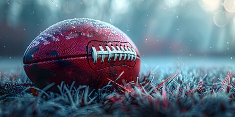 Close up of american football ball on arena or stadium field grass background. Sports equipment...