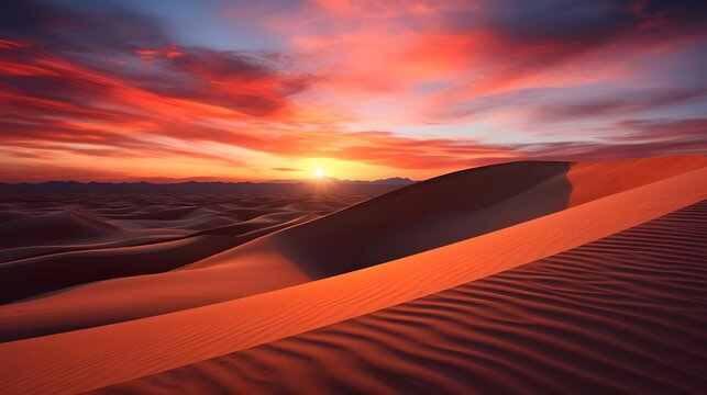 Sunset over sand dunes in the desert. 3d render
