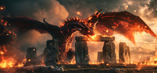 Angry evil dragon with red eyes and fire flames at Stonehenge. - obrazy, fototapety, plakaty