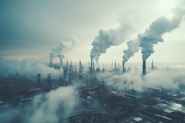 Air pollution smoke from oil refinery with tower and pipeline. - obrazy, fototapety, plakaty