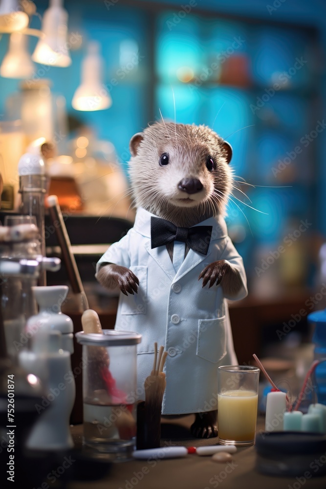 Poster a stuffed sea otter in a lab coat standing in front of a counter. generative ai.