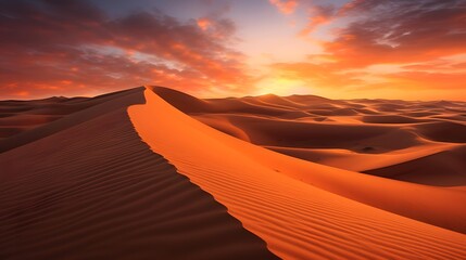 Sunset over sand dunes in Sahara desert. 3d render - obrazy, fototapety, plakaty