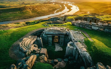 Aerial view of Knowth, the largest and most remarkable ancient monument in Ireland. Prehistoric...