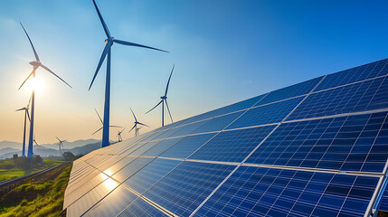 Solar panels and wind turbines renewable energy background - obrazy, fototapety, plakaty