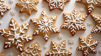 snowflake cookies with snow decoration made of cream and sugar, decorated and ready to eat. 