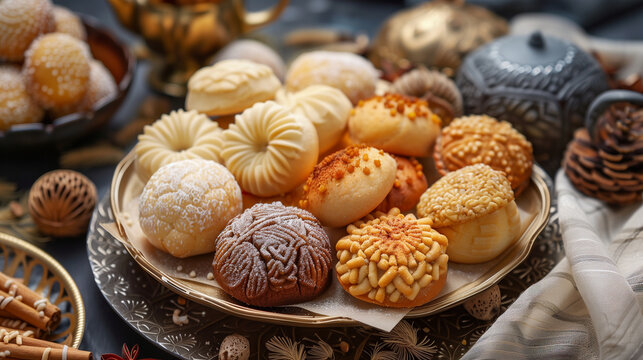 various maamoul or mamoul pastries for Eid, delicious cookies for islamic holiday celebration