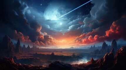 Alien land landscape with giant planet and mountains. Fantasy wall paper. - obrazy, fototapety, plakaty