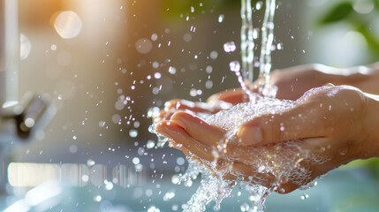 washing hands in running water from the kitchen faucet - obrazy, fototapety, plakaty
