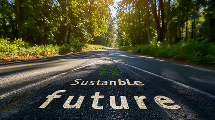 Sustainable future written on asphalt road surface