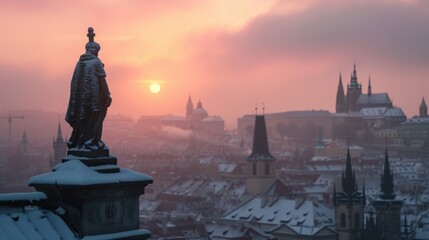 Statue on rooftop with beautiful historical buildings at sunrise in winter in Prague city in Czech Republic in Europe. - obrazy, fototapety, plakaty